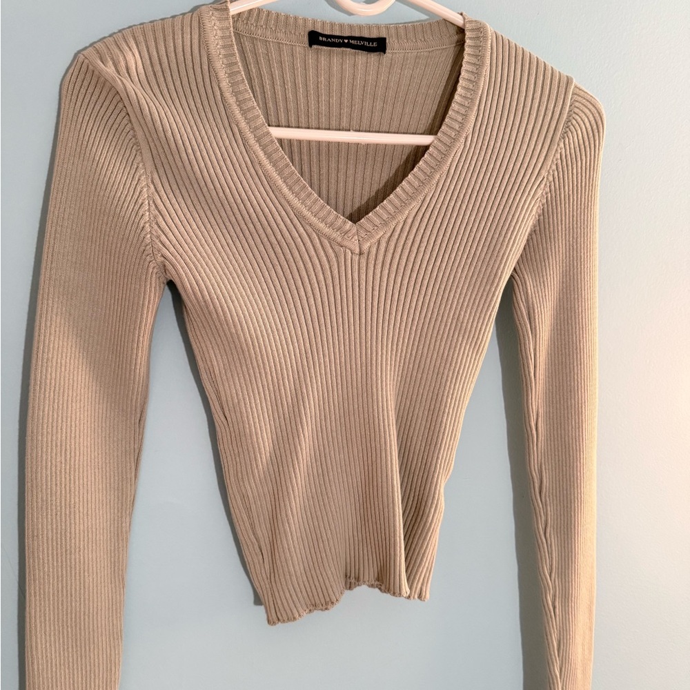 Brandy Melville Beige Ribbed V-Neck Top